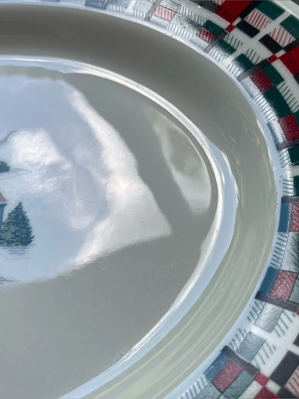 Rare Vintage Lynn’s Christmas Village Plaid Oval Serving Platter Horse Sleigh